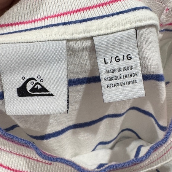 Quiksilver Striped Cropped Crewneck Surf Beach White Blue Pink T-Shirt Large - Picture 11 of 13